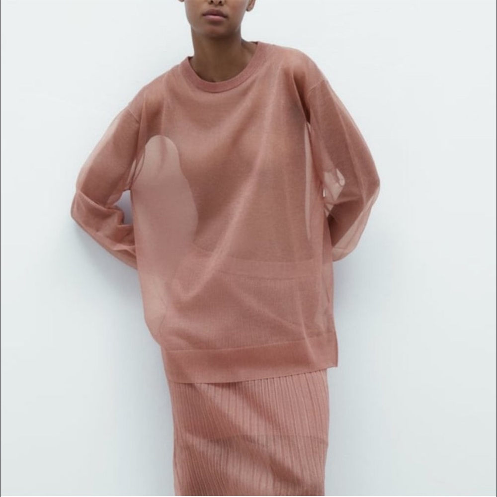 ZARA Sheer Sparkly Pink Long Sleeve Oversized Light Weight Blouse Top Medium - Picture 2 of 6